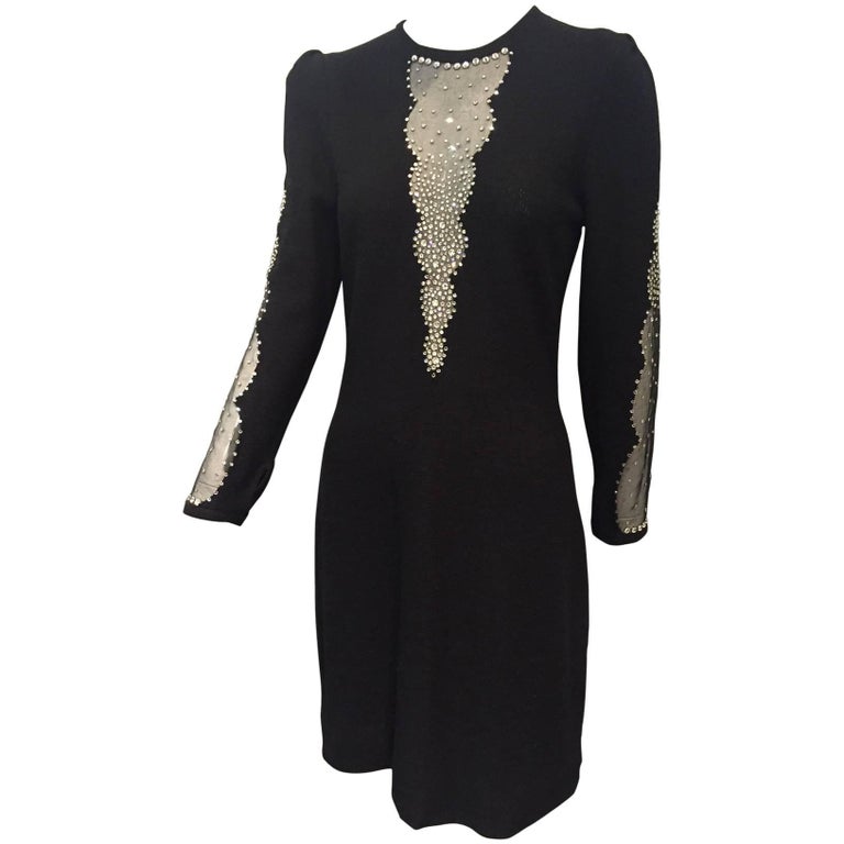 1970s Adolfo Black Knit Cocktail Dress w/ Deep Sheer and Rhinestone ...