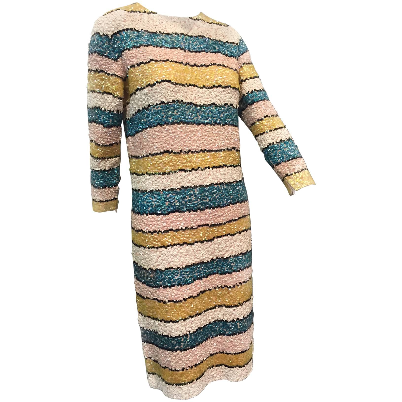 1960s Imperial Wool Knit Striped Sequin Cocktail Dress in Easter Pastels For Sale