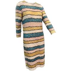 Vintage 1960s Imperial Wool Knit Striped Sequin Cocktail Dress in Easter Pastels