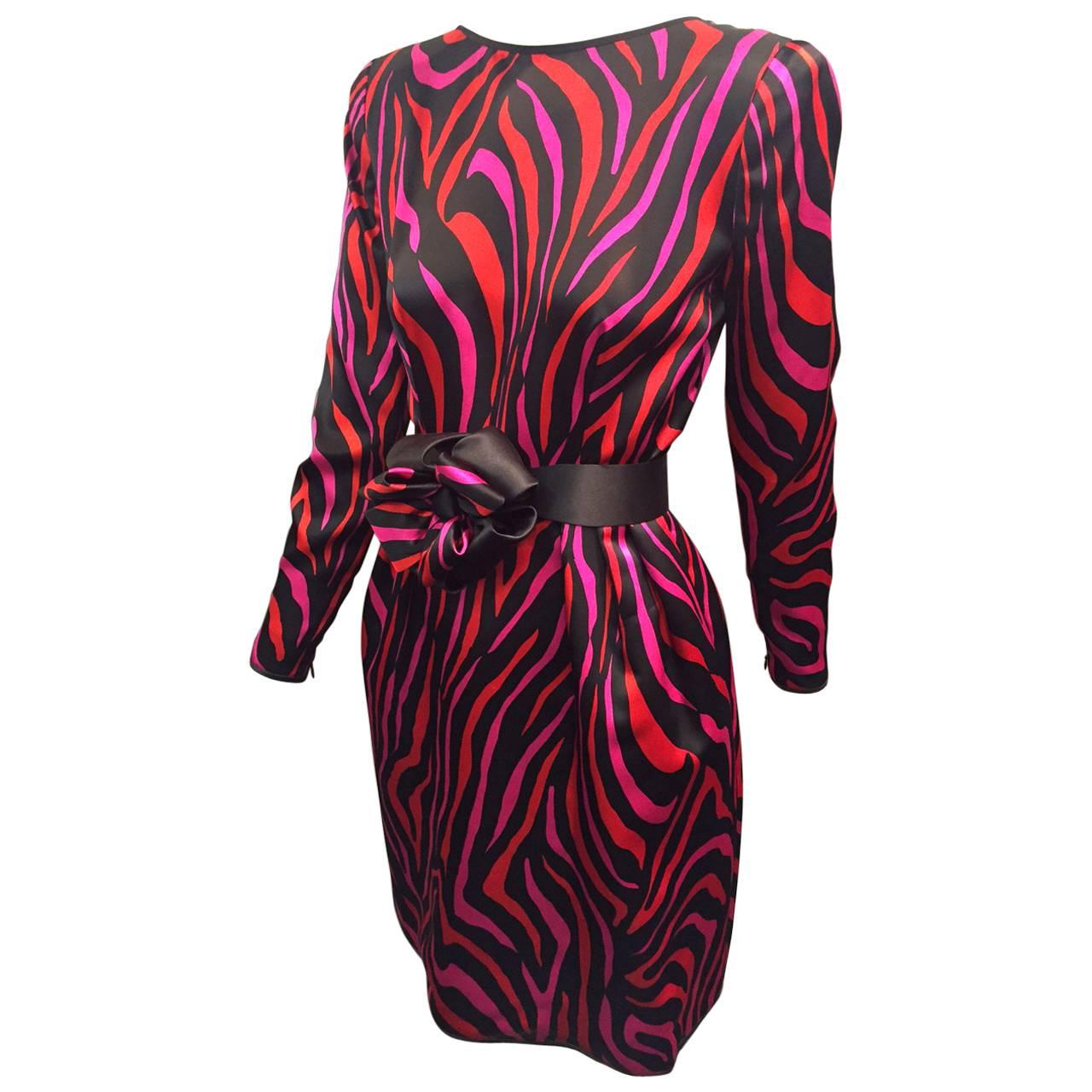 1980s Stanley Platos - Martin Ross Red Fuchsia and Black Zebra Silk Satin Dress For Sale