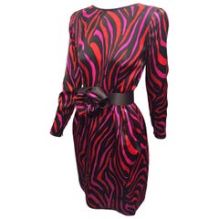 1980s Stanley Platos - Martin Ross Red Fuchsia and Black Zebra Silk Satin Dress