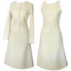 Galanos Minimalist Cream Wool Dress & Cropped Jacket Ensemble Rare Mod 1960s S 5