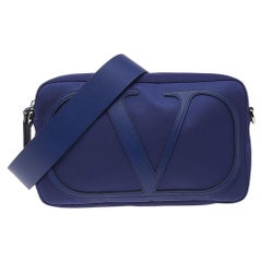 Valentino Blue Nylon And Leather V Logo Signature Crossbody Bag