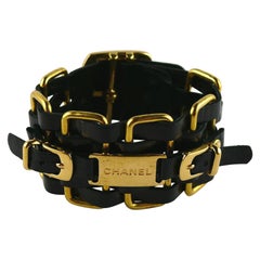 Chanel Black Leather Gold Toned ID Tag Buckle Cuff Bracelet