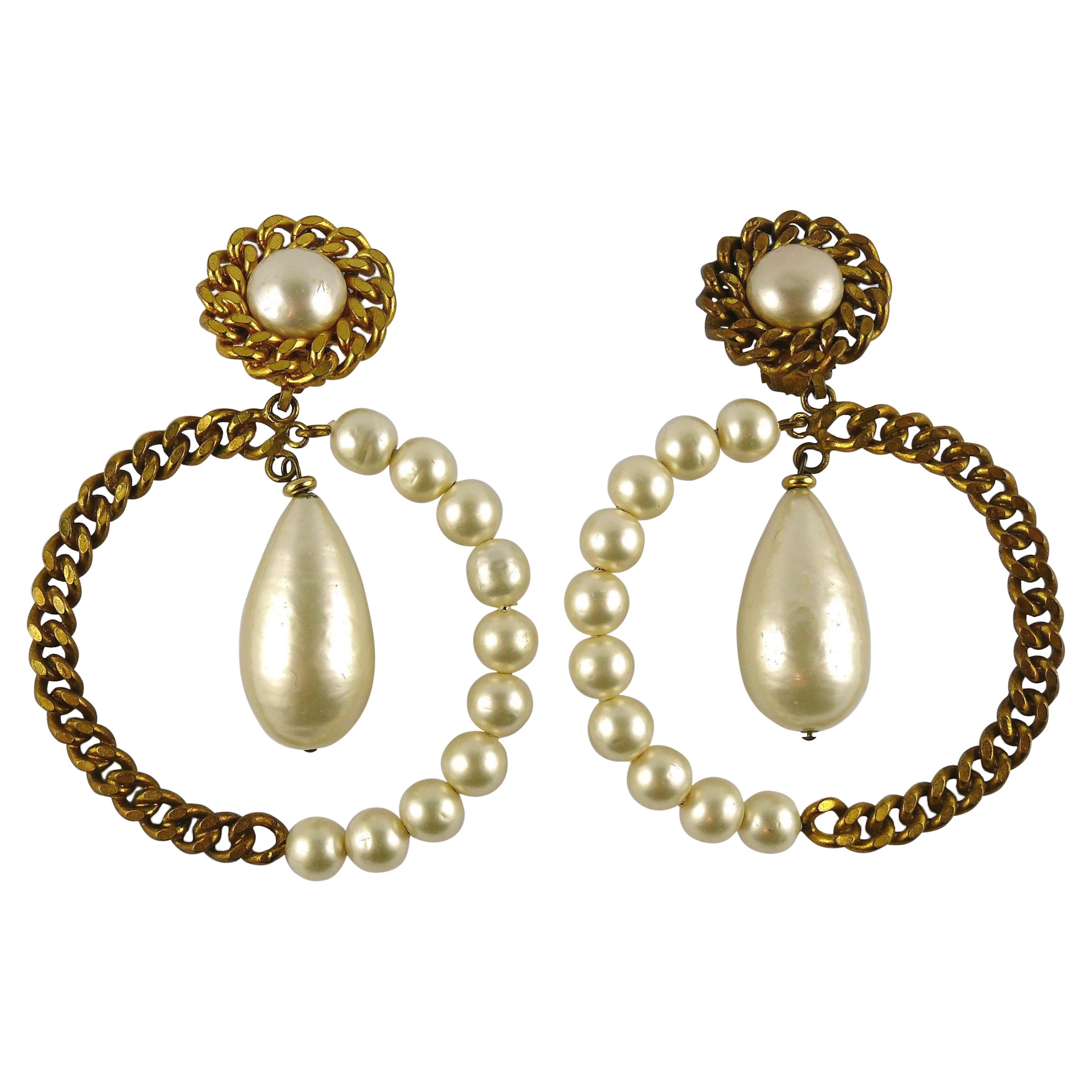 Chanel Vintage Massive Gold Toned Chain and Pearl Hoop Earrings