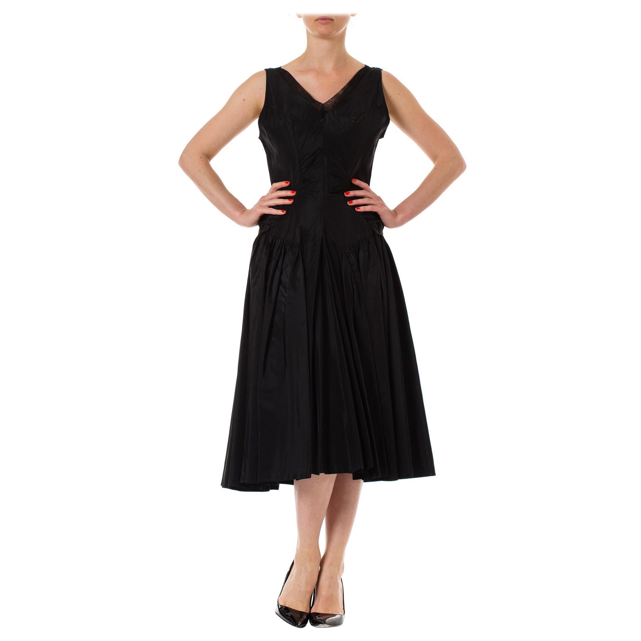 1950S Black Acetate Taffeta Swing Skirt Cocktail Dress With Unique Gathered Det For Sale