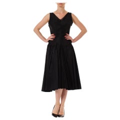 1950S Black Acetate Taffeta Swing Skirt Cocktail Dress With Unique Gathered Det