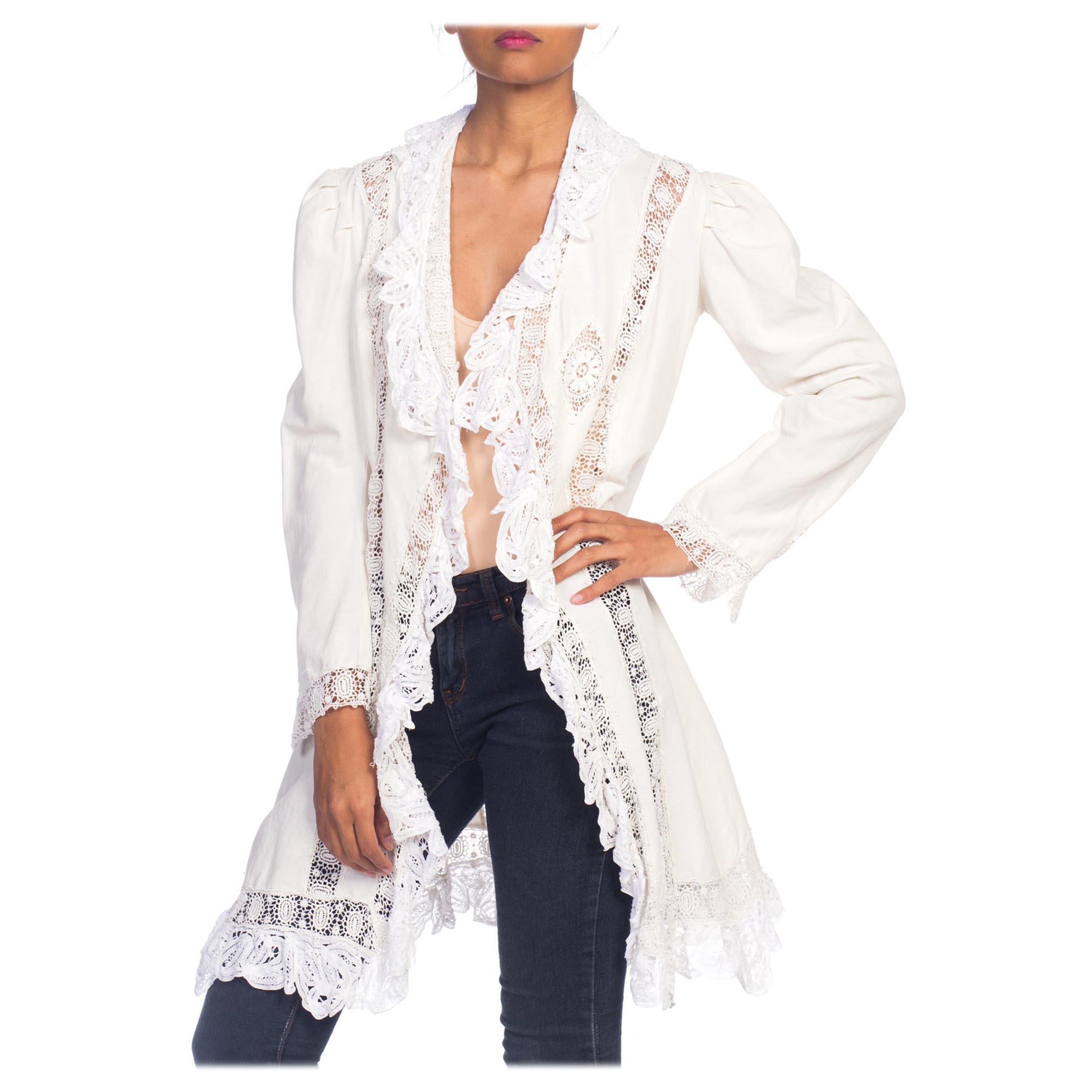 Victorian White Organic Cotton Jacket With Handmade Lace Trim For Sale