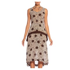 1930S Cream & Brown Silk Chiffon Abstracted Polka Dot Print Dress