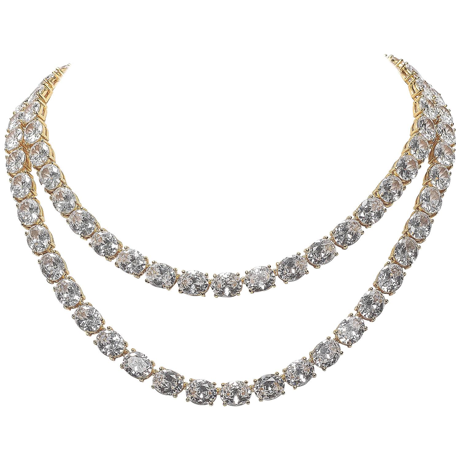 Antique Russian Gold Vermeil Style Two Row Faux Oval Diamond Necklace