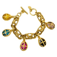 Kalinger Paris Gilt Metal Link Bracelet with Jewel Charms