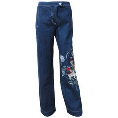 Alexander McQueen Seltene neu mit Etiketten bestickte Jeans mit geteiltem Saum F/S 1999