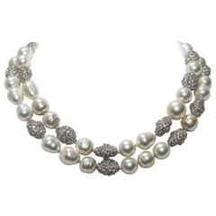 Vintage Bergdorf Goodman Fabulous Pave Crystal Pearl Long Necklace