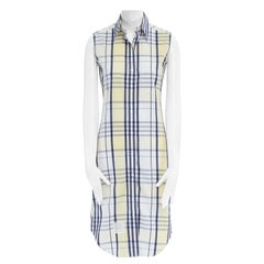 THOM BROWNE blue yellow checker cotton sleeveless casual shirt dress US0 XS