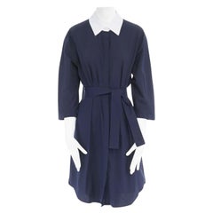 TOME navy blue cotton contrast white collar button front belted shirt dress S