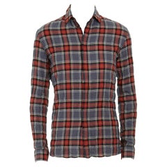 HAIDER ACKERMANN grey red checker crinkled effect long sleeve shirt M