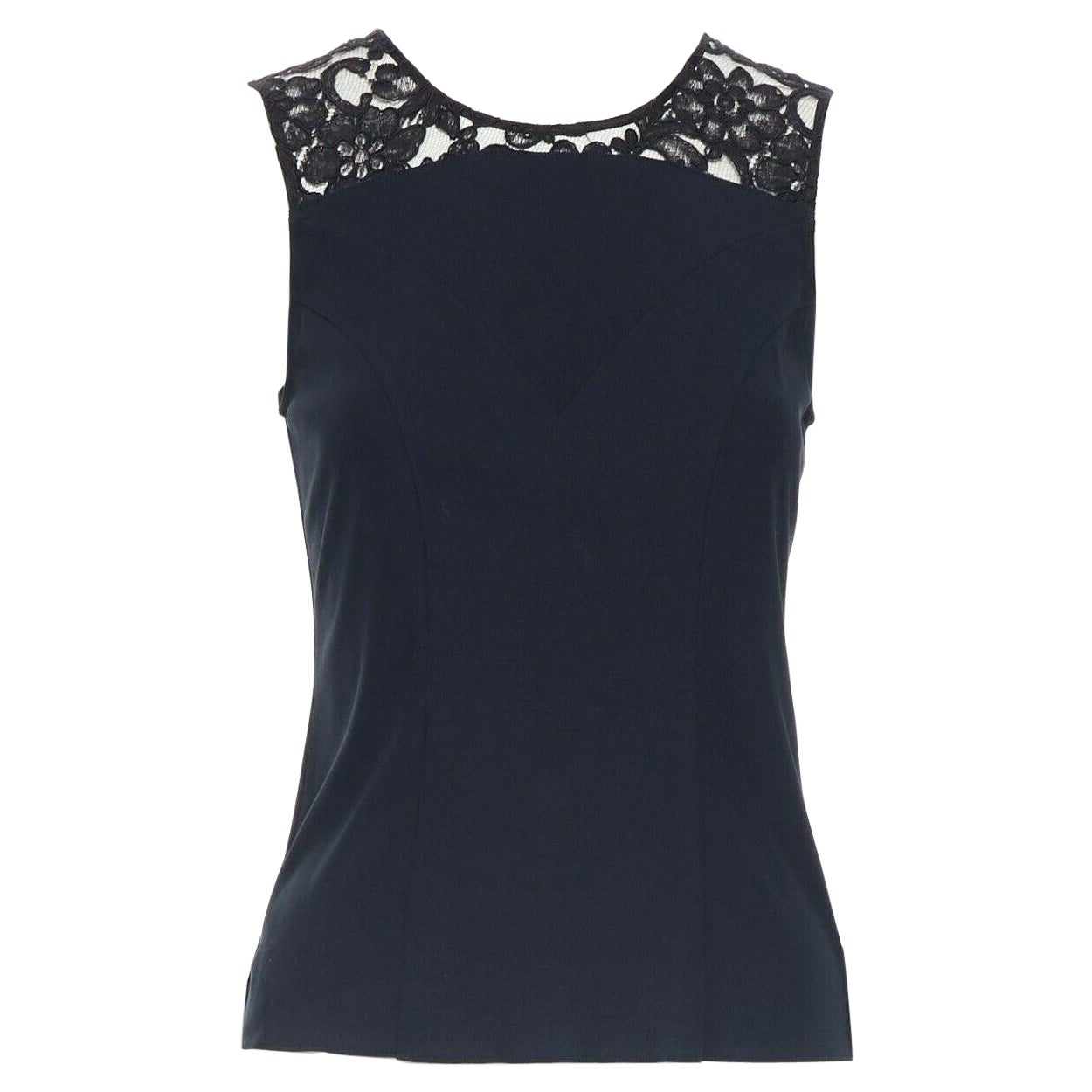 CHANEL navy blue 100% cotton illusion neckline black lace sleeveless top FR36