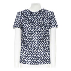 JW ANDERSON navy blue floral embroidery chiffon drape neck cap sleeves top UK6