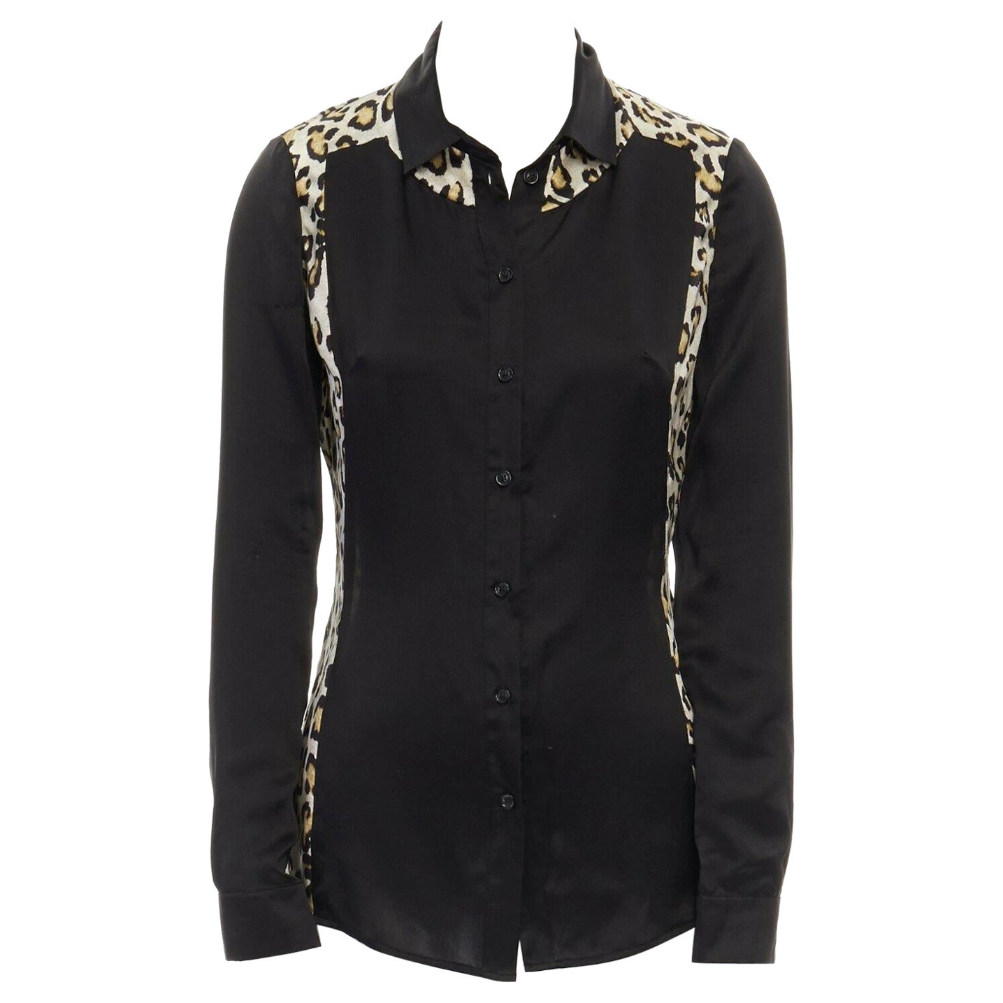JUST CAVALLI 100% silk black leopard colorblocked button front shirt IT40 S