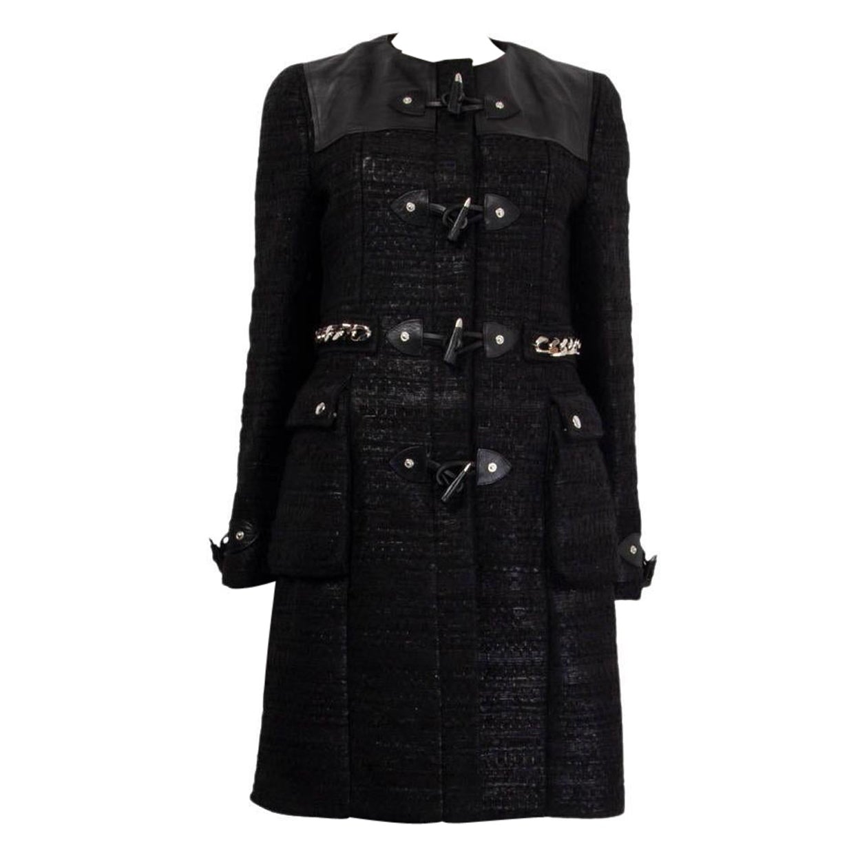 GIVENCHY schwarzer Wollmantel TWEED CHAIN EMBELLISHED DUFFLE Coat Jacke 38 S im Angebot