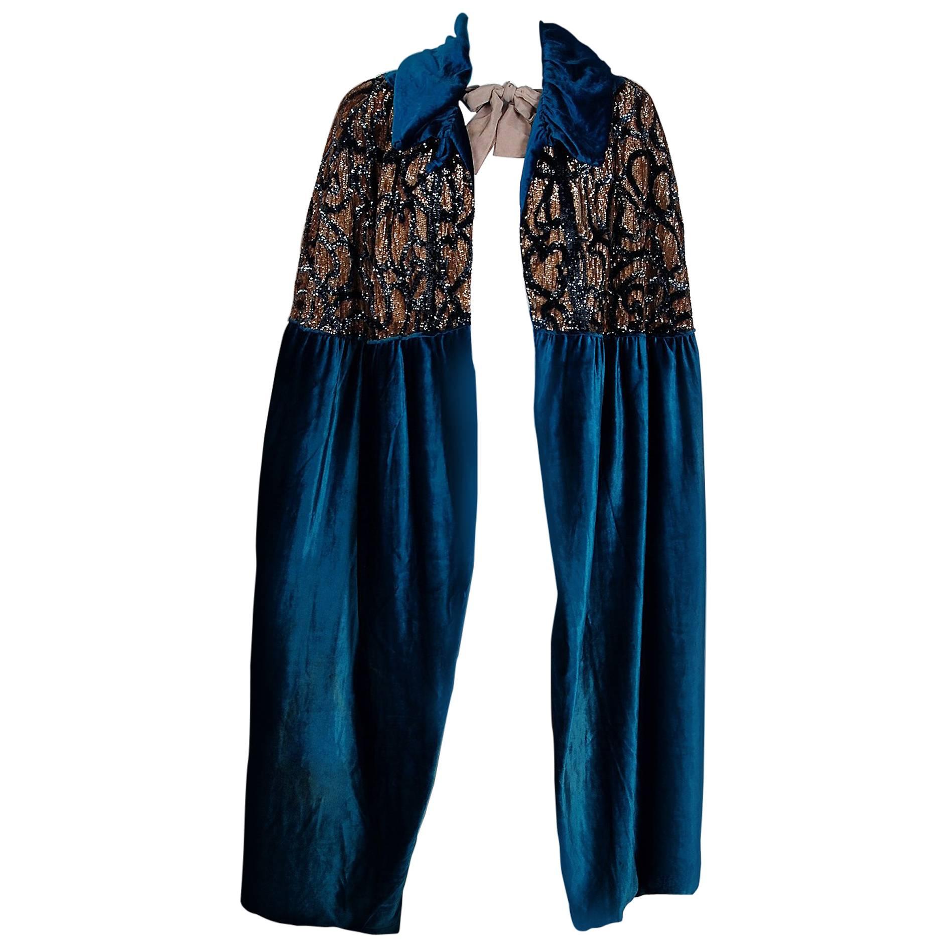 1920's Opulent Sapphire-Blue Deco Sequin Silk-Velvet Flapper Formal Coat Cape  