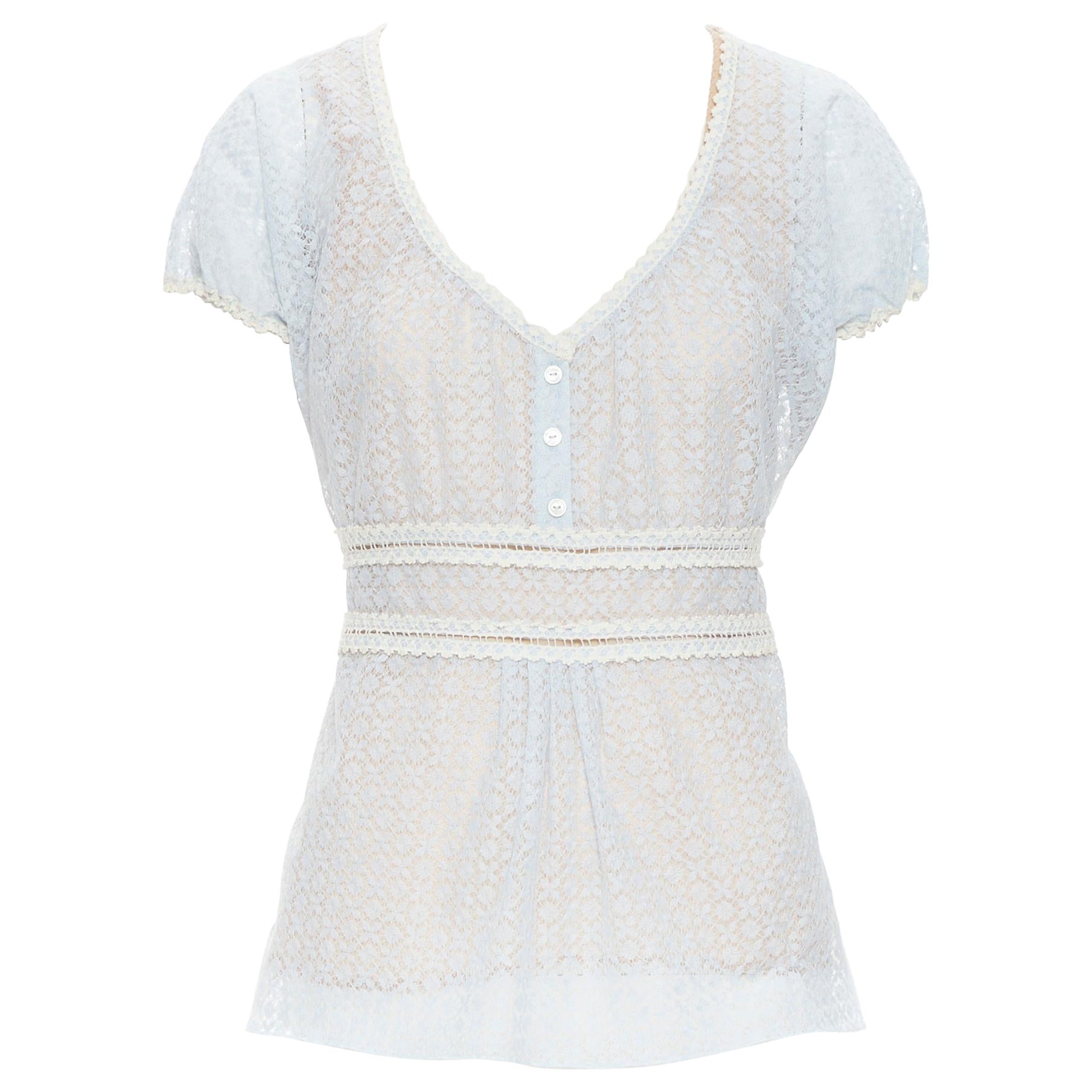 CHANEL cotton COCO Mark Striped Ribbon Tie Short sleeve shirt blouse tops P60251 White x blue 36