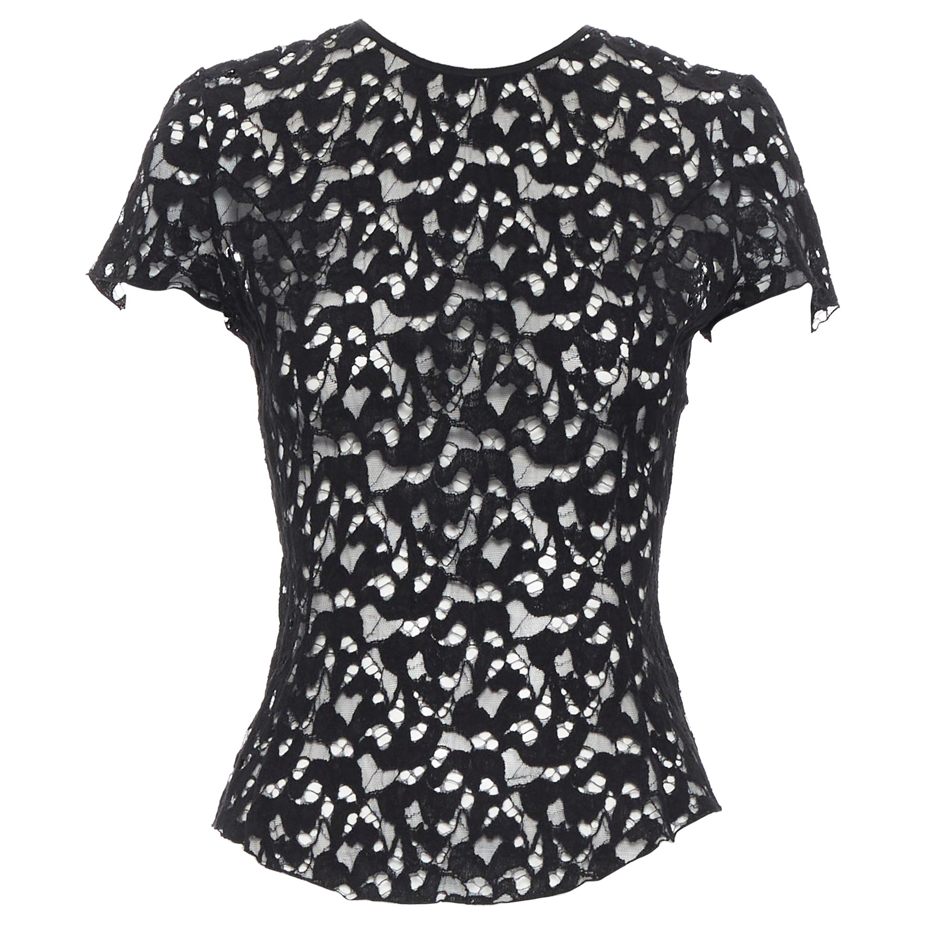 NINA RICCI black sheer lace cap sleeve zip back T-shirt top FR40 XS For Sale