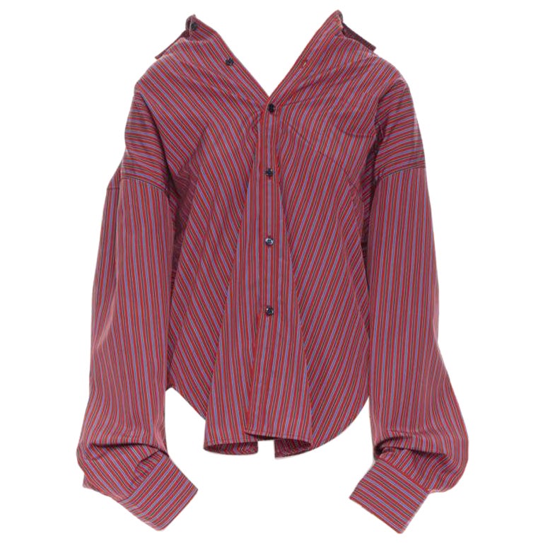 BALENCIAGA DEMNA red blue stripe cotton off shoulder oversized shirt Fr36 S For Sale