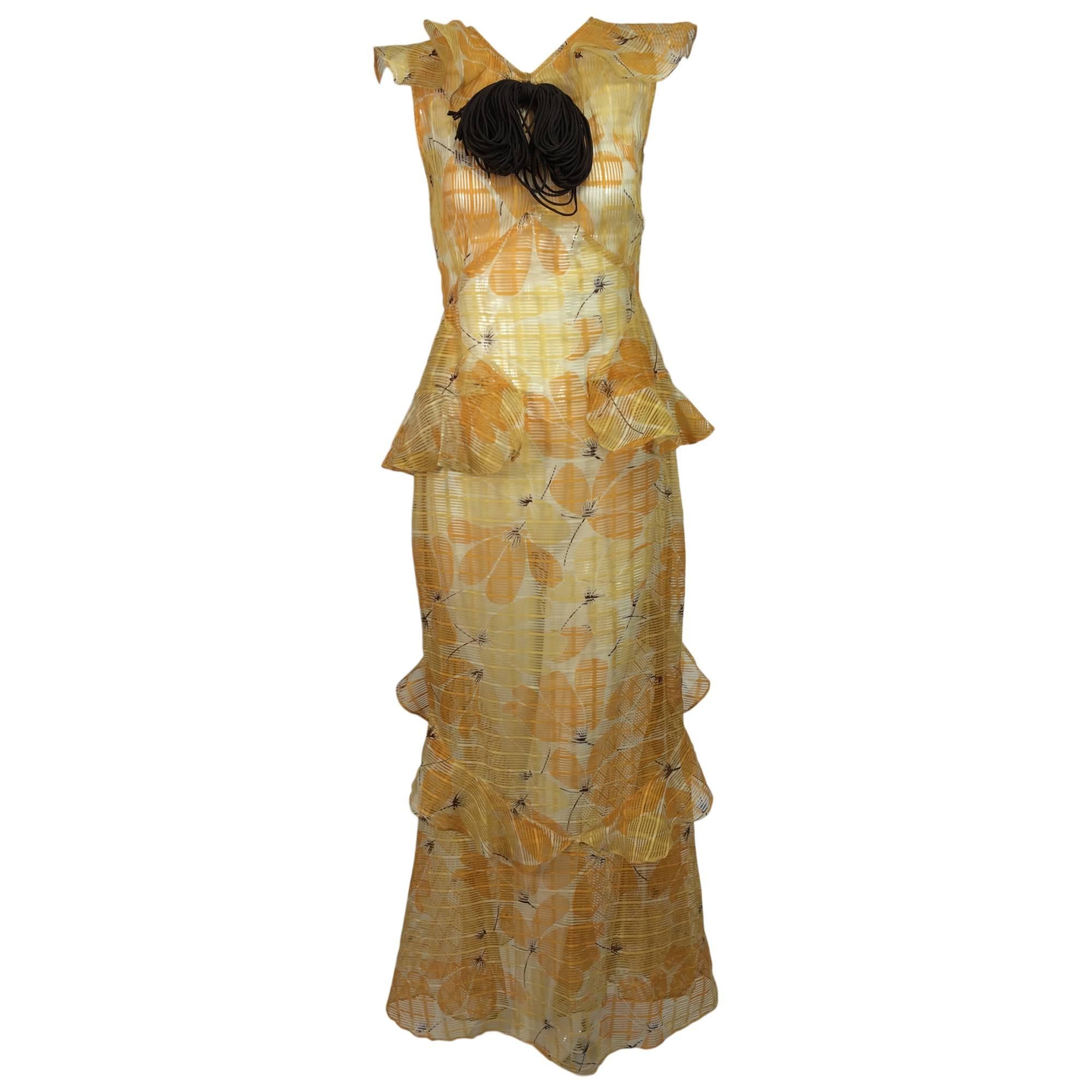 Sheer Woven Organdy ruffle daydress in floral cream & orange 1930s unworn
