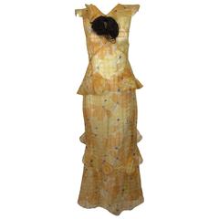 Vintage Sheer Woven Organdy ruffle daydress in floral cream & orange 1930s unworn