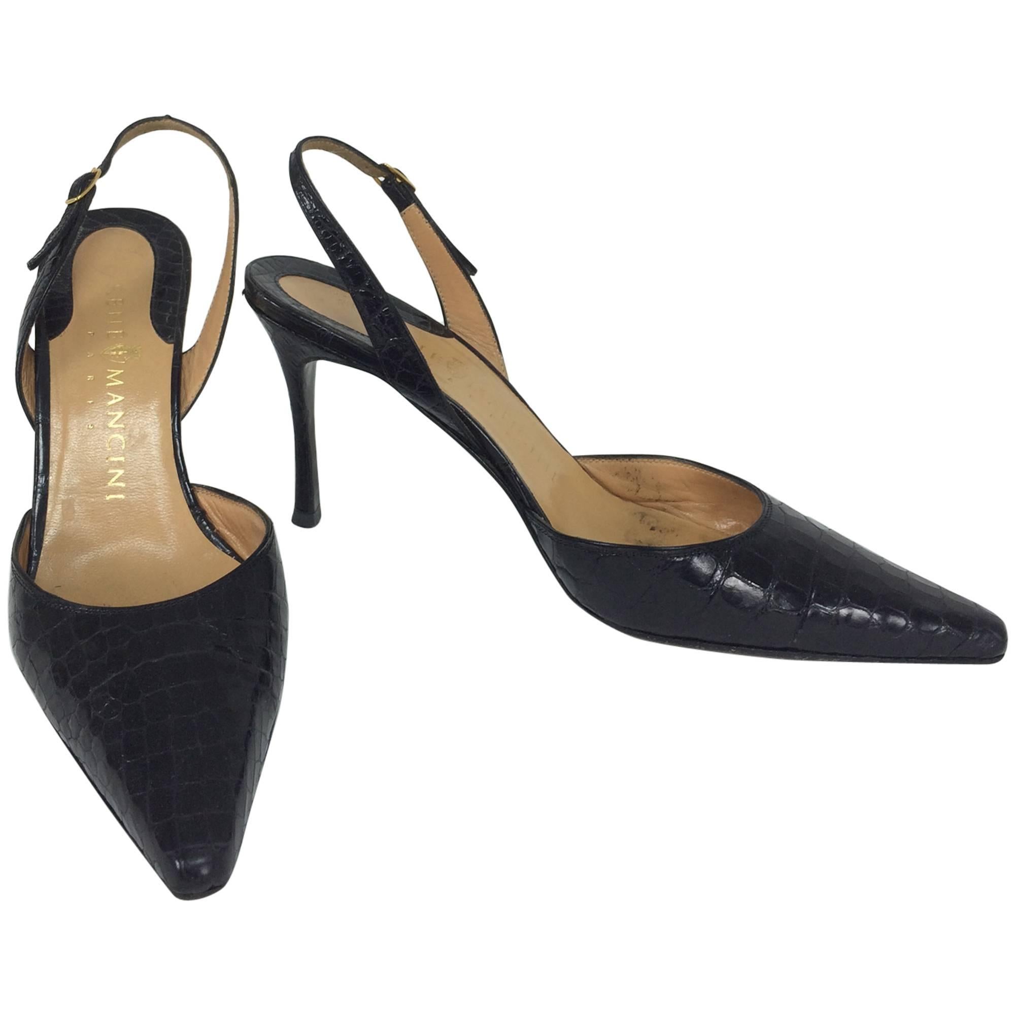 Rene Mancini glazed black alligator sling back high heel pumps 37M For Sale  at 1stDibs | mancini heel