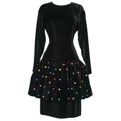 Vintage Black velvet  dress with multicolor dots embroidered Christian Dior Boutique 