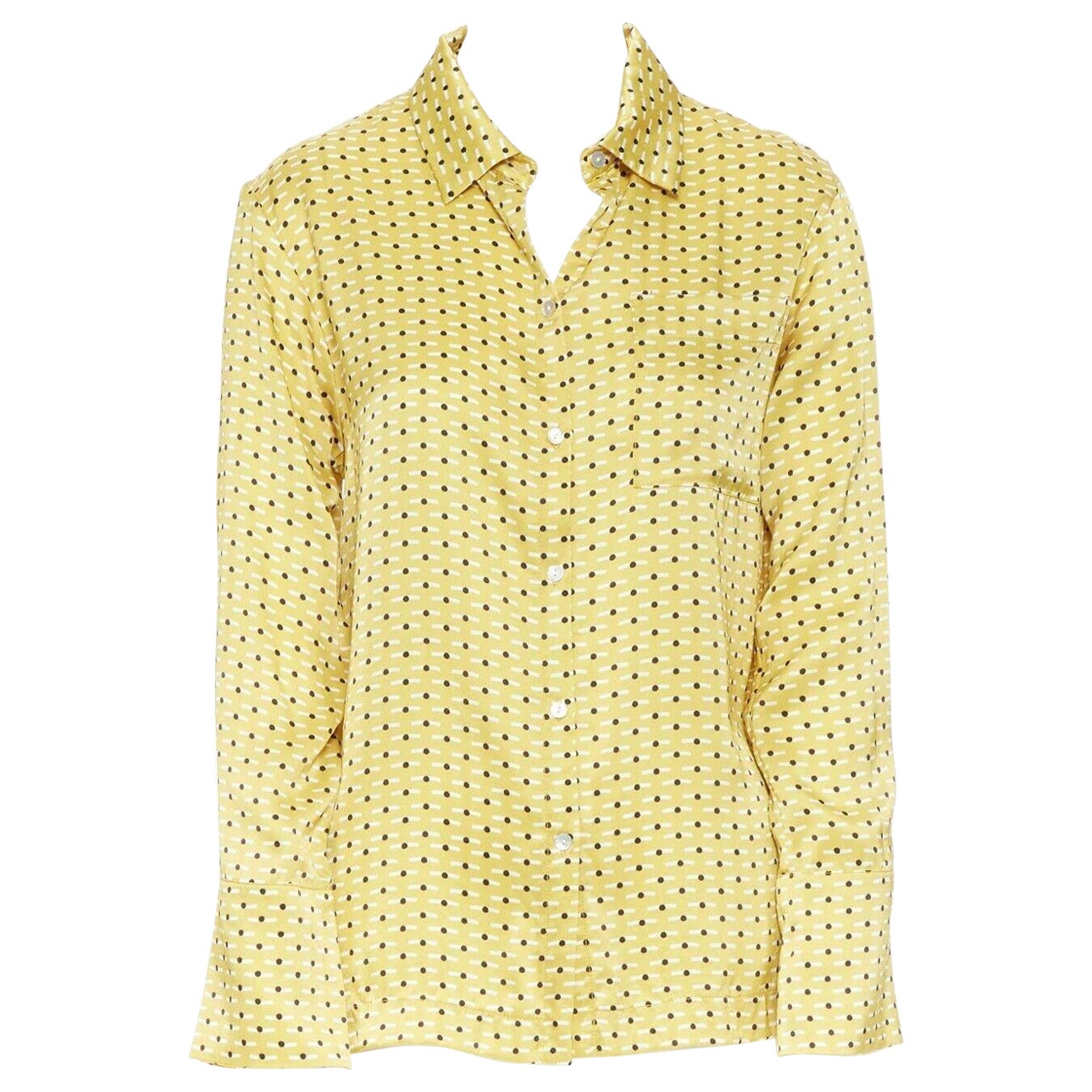 ASCENO yellow 100% silk polka dots graphic print pyjama button-up shirt XS