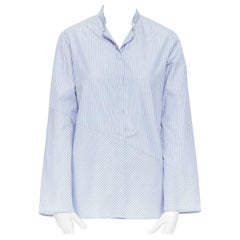 THE ROW blue 100% cotton pinstripe band collar asymmetric button-up shirt US2