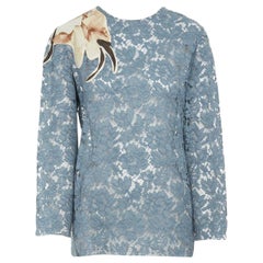 VALENTINO blue floral lace blossom print shoulder patch detail top IT44 M