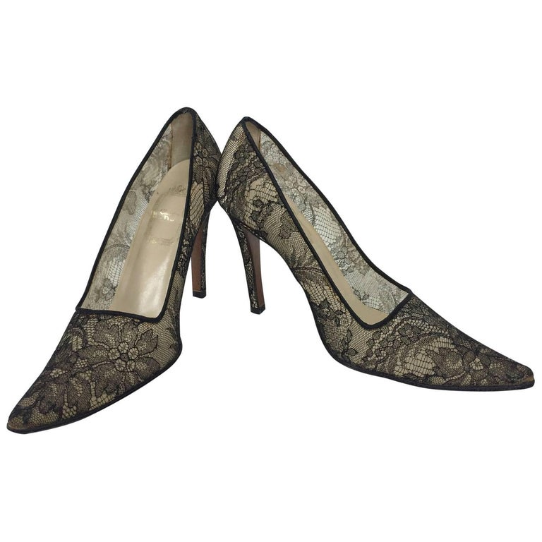 Christian Dior Black Chantilly Lace high heeled pumps 36 1/2" For Sale