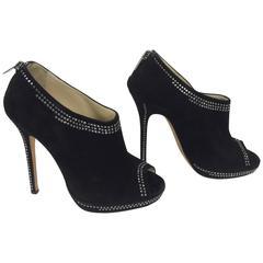 Jimmy Choo black suede silver mini stud zipper back high heel booties 37M 9