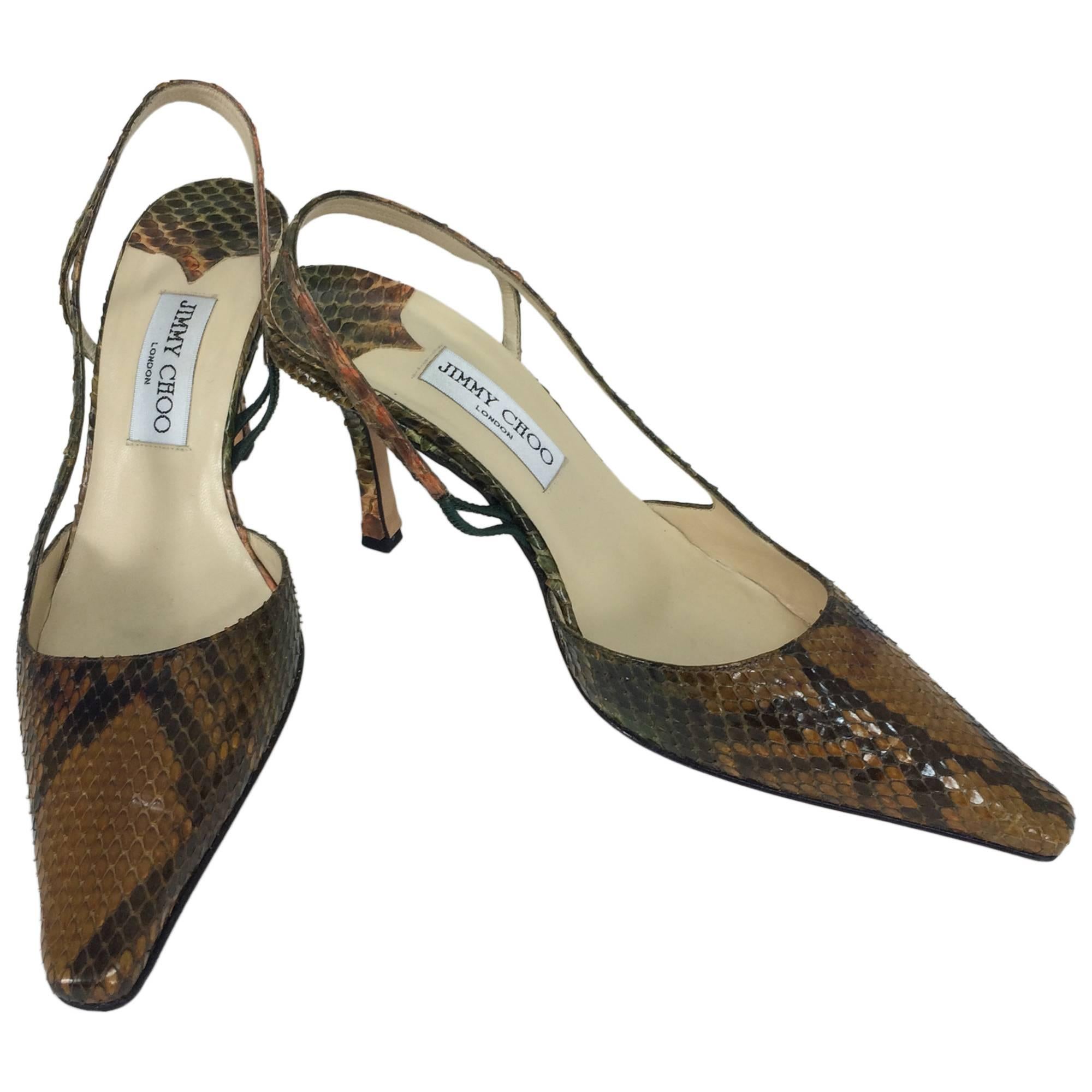 Jimmy Choo warm caramel & moss green snake skin sling back pumps 38 1/2 M