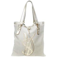 YSL Yves Saint Laurent Linen Metallic Leather Logo Tot Handbag