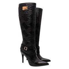 Versace Black Leather Geometric Quilted knee Boots