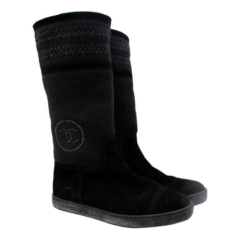 Chanel Black Sheepskin & Suede Embroidered Knee Boots For Sale