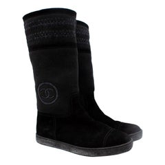 Chanel Black Sheepskin & Suede Embroidered Knee Boots