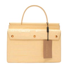 Burberry Glossy Pale Yellow Embossed Croc Leather Top Handle Bag