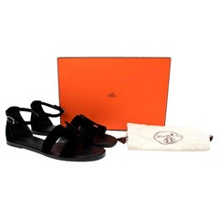 Hermes Santorini Black Velour Ankle Strap Flat Sandal