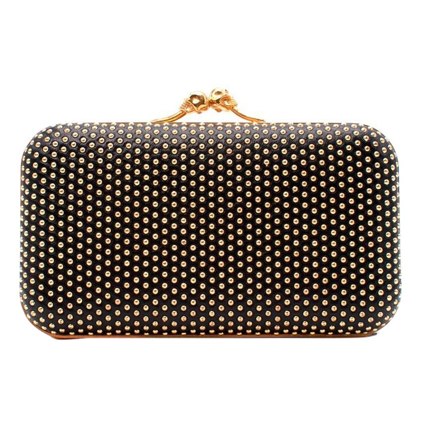 Alexander McQueen Black Leather Studded Skull Clasp Clutch Bag