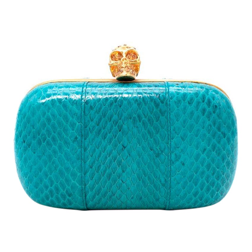 Alexander McQueen Turquoise Snakeskin Skull Clasp Box Clutch For Sale