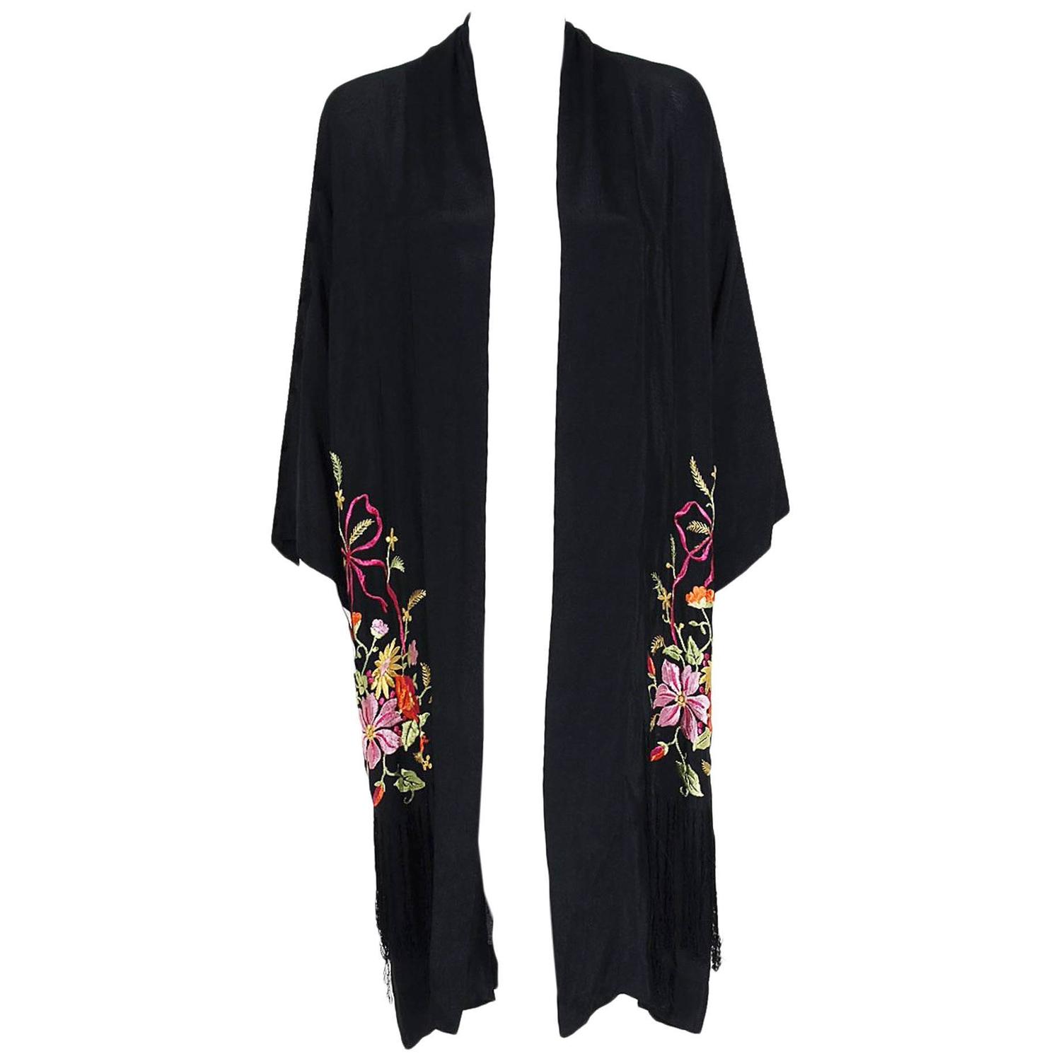 1920s embroidered black rayon robe with fringe  osfm