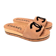 Chanel Beige & Black CC Suede Cork Slide Sandals