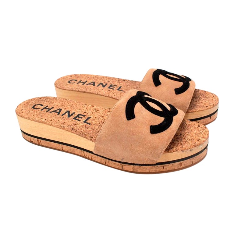 Chanel Beige and Black CC Suede Cork Slide Sandals