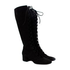 Gianvito Rossi Black Suede Lace Front Block Heeled Knee Boots